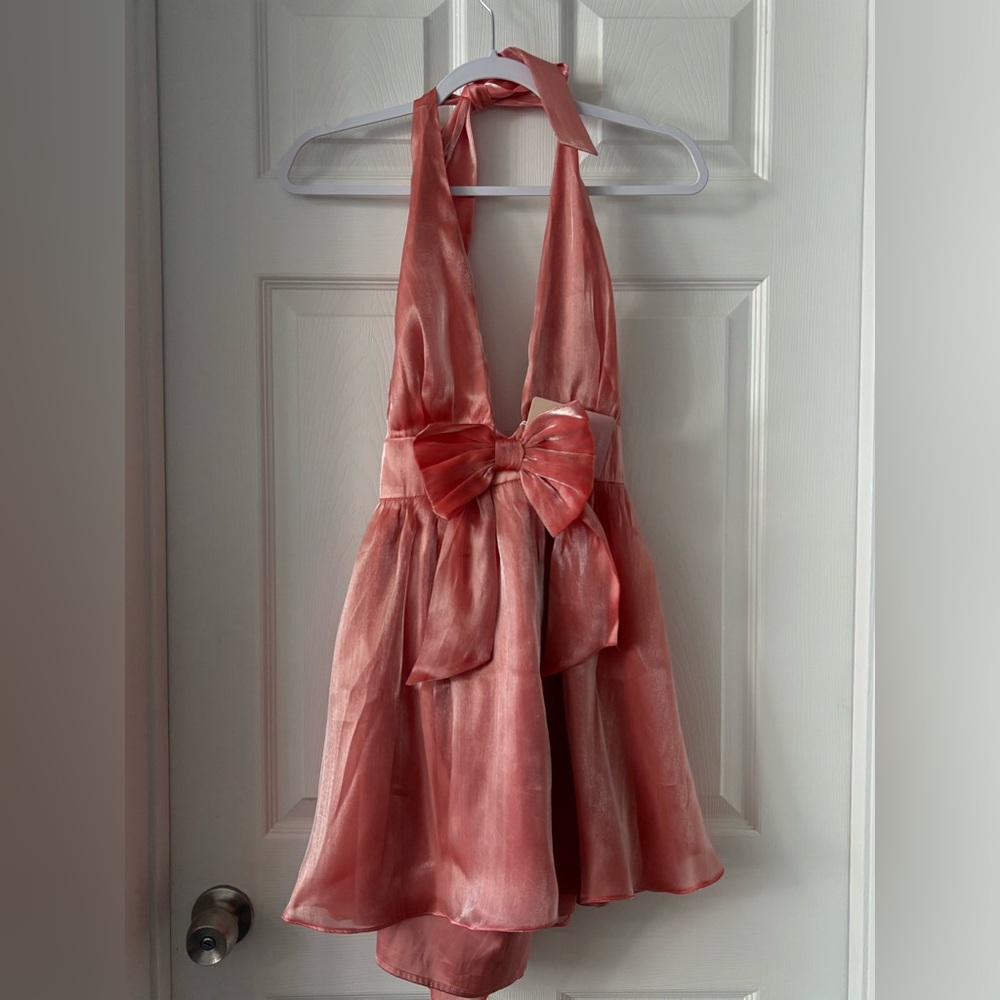 Hello Molly Shimmery Coral Halter Mini Dress with Front Bow